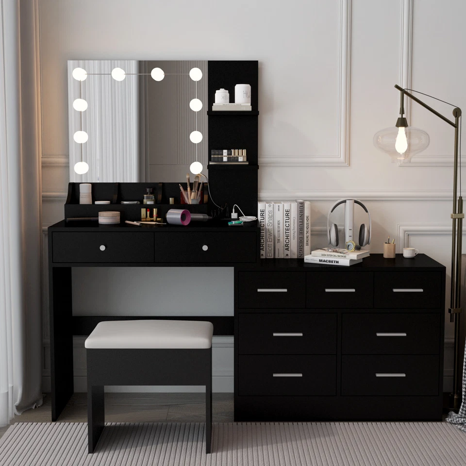 Vanity Desk with Mirror Power Outlet 10 LED Lights Makeup Table 9 Drawer Dresser