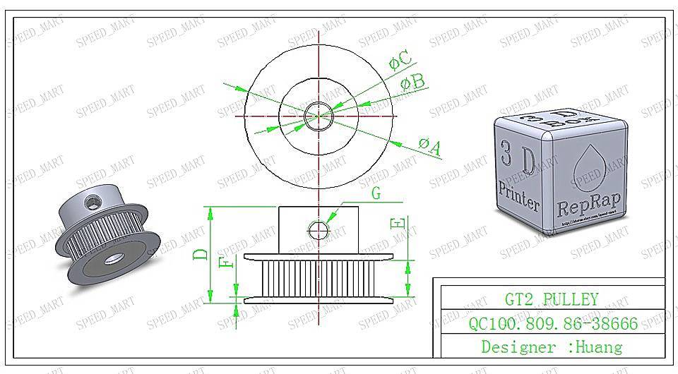 RepRap 2x GT2 36T 5mm Bore Pulleys & 202-2GT Timing Belt