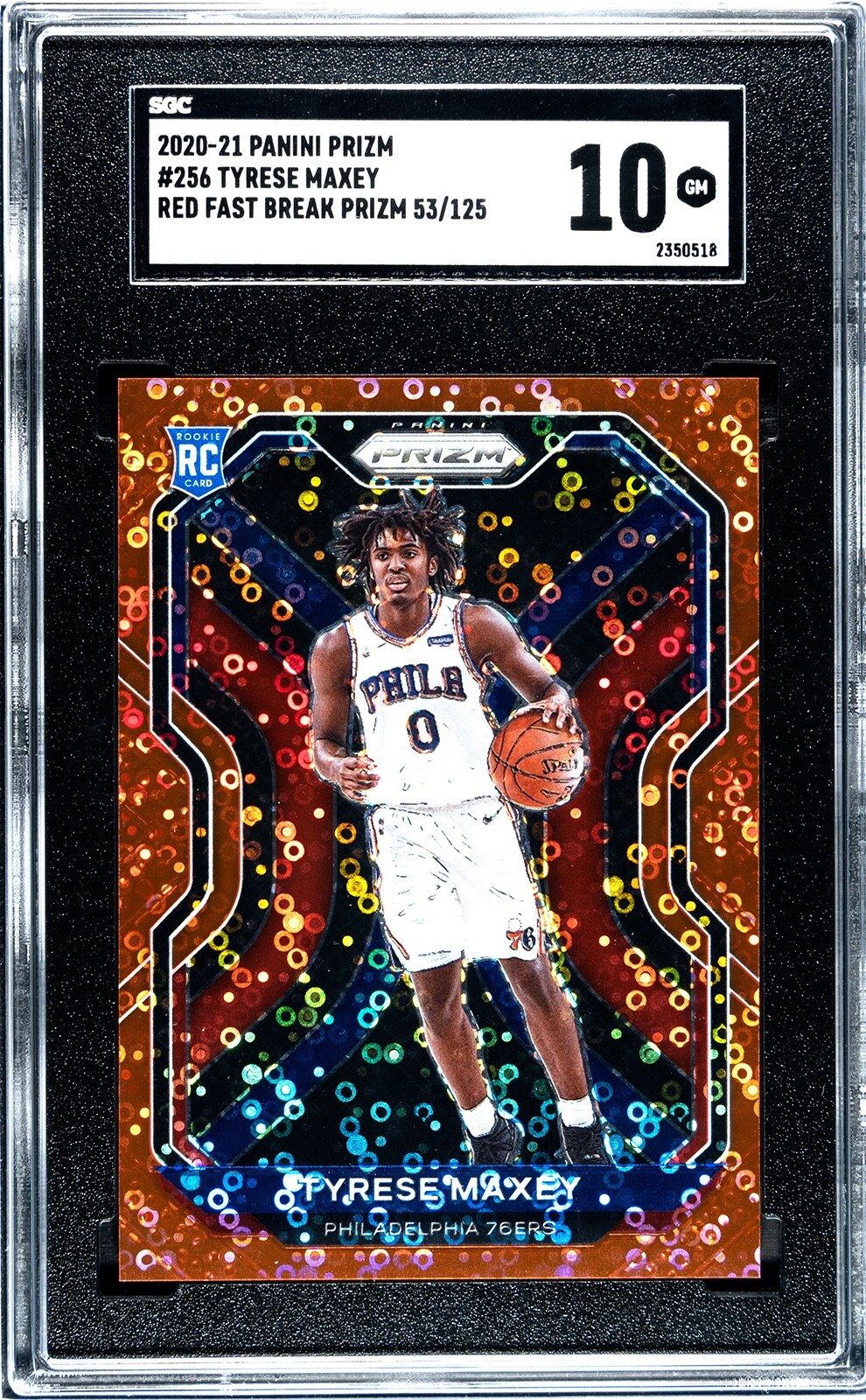 2020-21 Panini Prizm Tyrese Maxey Rookie 53/125 Red Fast Break SGC 10 Gem Mint