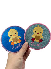 Custom Glittered and Felted Iron-on Baby Duck Name Tag Patch