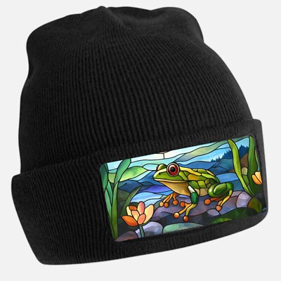 Black Cool Frog Stained Glass Print Beanie Hat - Unisex Cap Cotton