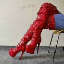 Women Over Knee Platform Boots Side Zipper Thin High Heels Boots Studded Over Kn