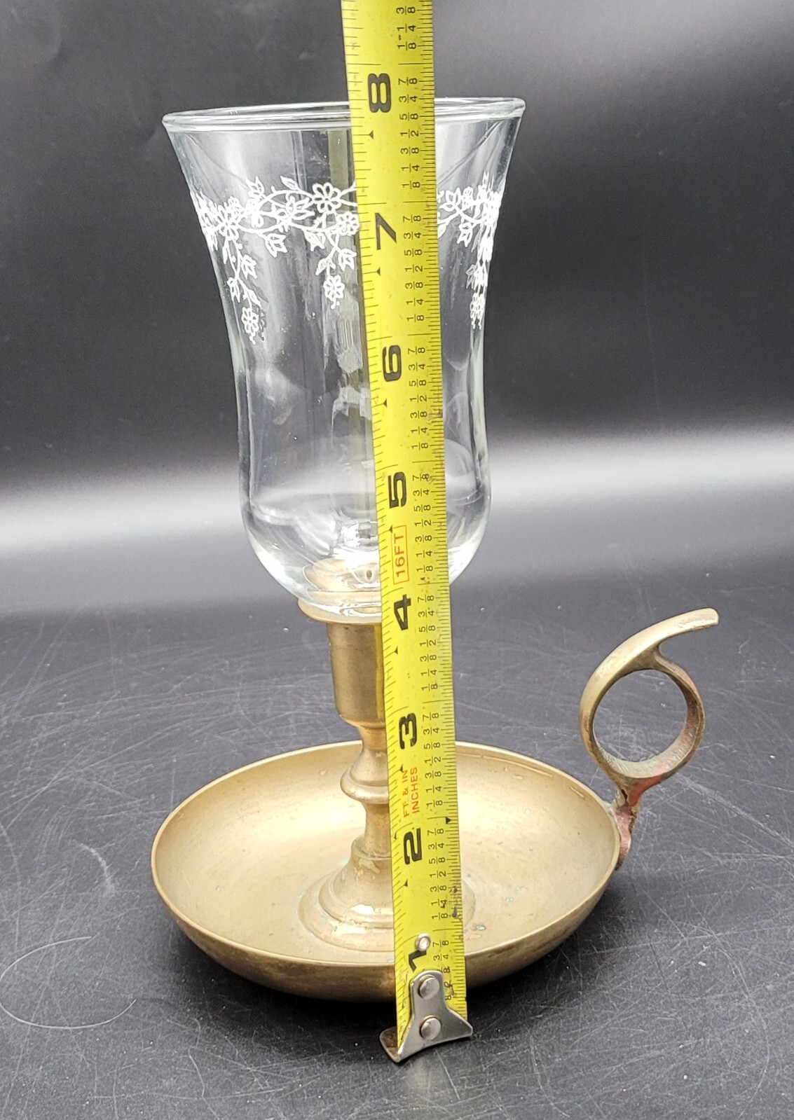 Brass Hurricane Candle Holder With Etched Floral Glass Topper eBay