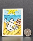 ACEO Original Art 2.5X3.5 Trading Card Actually Cats White Cat & Fish At Beach — photo 5
