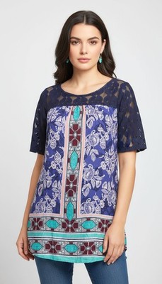 Anthropolo Akemi + Kin Boho Lace Sleeve Floral Print Tunic Top Multicolor Size S