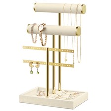 Bracelet Holder Jewelry Organizer Display - 3 Tier T Bar Velvet Stand Beige