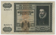 Spain España 500 Pesetas 9-1-1940 Pick 119.a VF- Circulated Banknote Tears