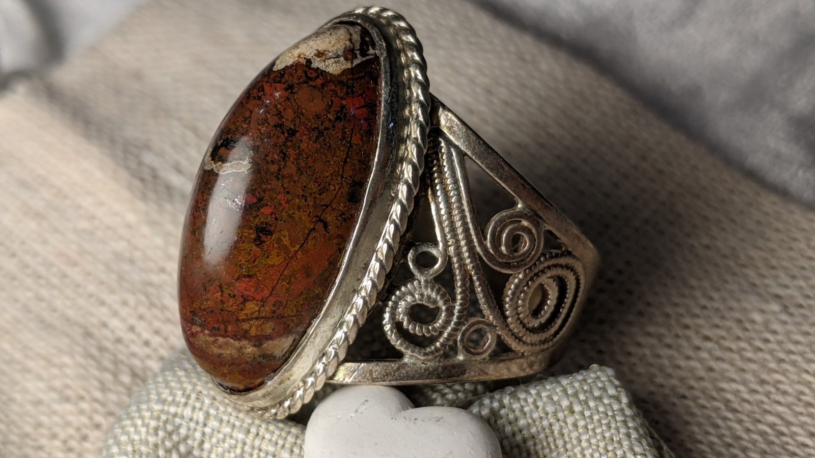 Vintage Soviet Large Ring with Pattern, Big Jaspe… - image 2