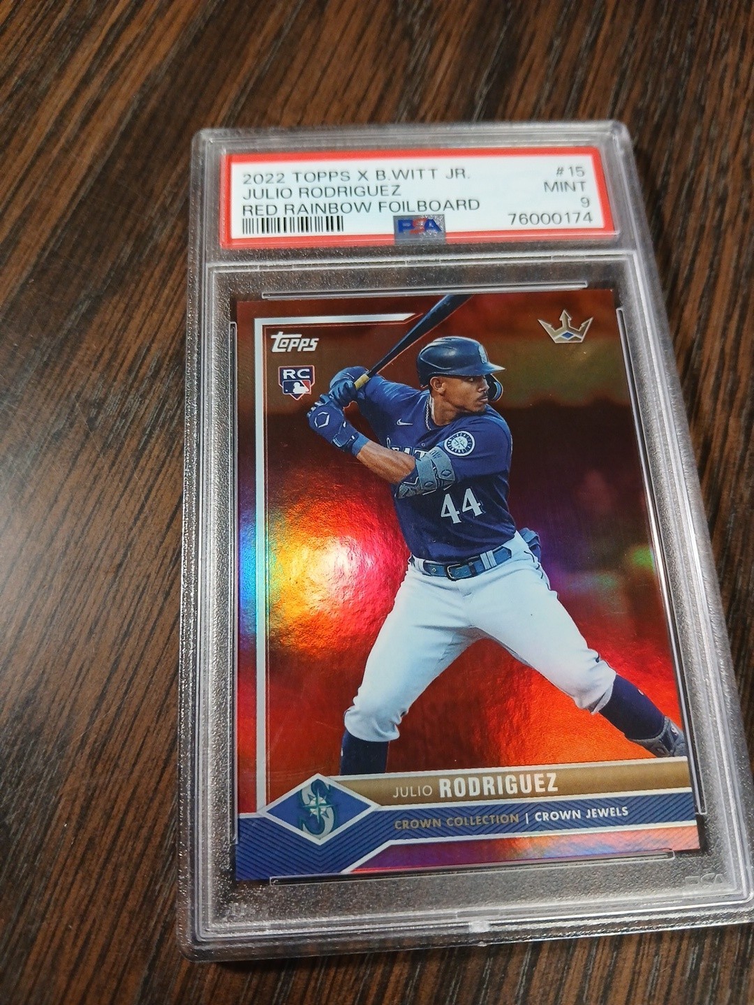 2022 Topps x Bobby Witt Jr. Julio Rodriguez RC Red Rainbow Foil 02/10 PSA 9 Mint view 2