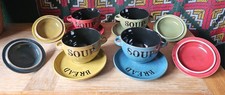 4 x Vintage Rustic Glazed Pottery Soup Bowls with lids & Bread plates
