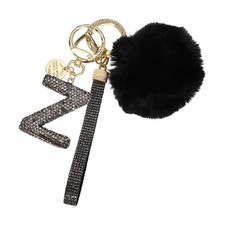 Initial Letter Z Keychain with Pom and Rhinestone Wristlet, Grey
