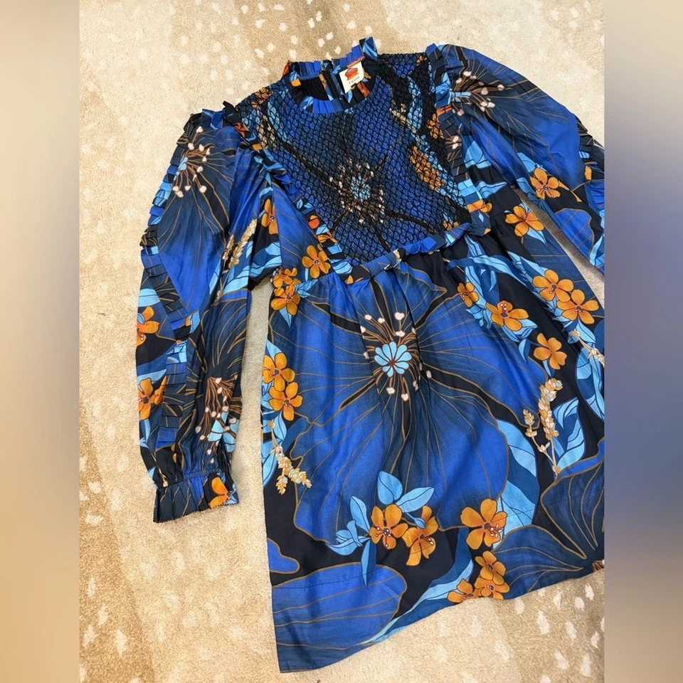 Farm Rio NWT Pietra floral mini dress blue orange ruffle women’s size XL - Image 4 of 4