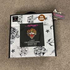ED HARDY 6-Piece Cal King Sheet Set Black White All Over Print Tiger Tattoo