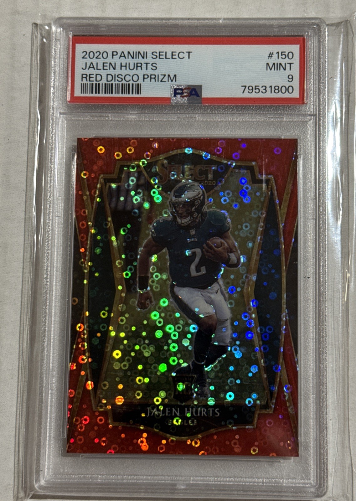 2020 Panini Select Premier Level Red Disco Prizm /49 Jalen Hurts Rookie RC PSA 9