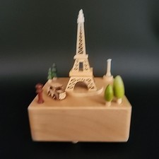 Wooden Eiffel Tower Paris France Beechwood Music Box With Rotating Car & Box 