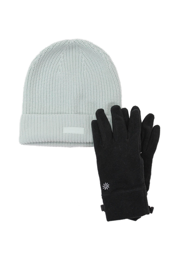 Athleta Womens Ribbed Knit Logo Beanie Hat Gloves Set Blue Black One Size