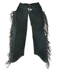 90's Vintage CUSTOM CRAFTED Black Suede & Leather Fringed Riding Chaps S/M   USA