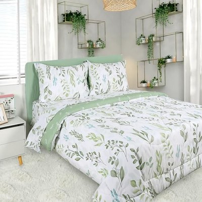  Comforter Set for Girls, Reversible 5 Pieces Comforter Size Twin Green Leaf