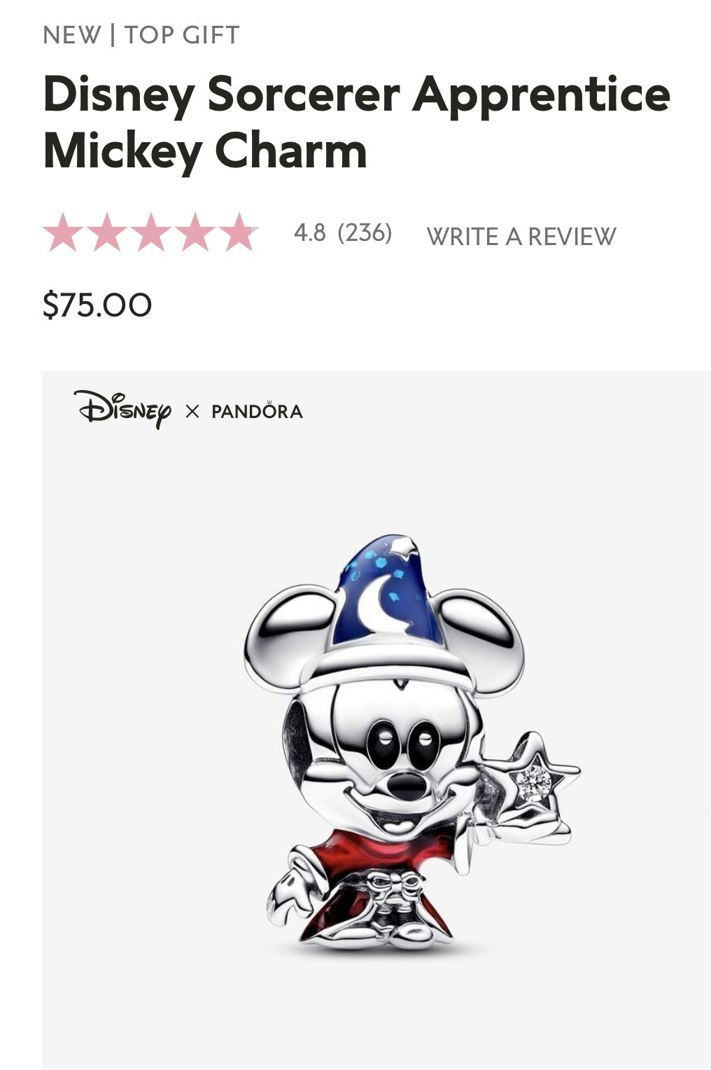 Authentic Pandora Disney Sorcerer Apprentice Mickey Charm #792954C01