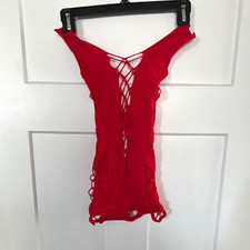 Women  s Red Lace-Up Front One Piece Bodysuit Teddy, Solid, OSFM