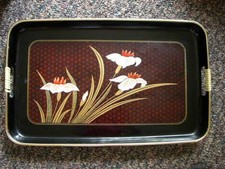 ORIENTAL BLACK LAQUERED TRAY W/ FAUX BAMBOO ON HANDLES FLORAL MOTIFF