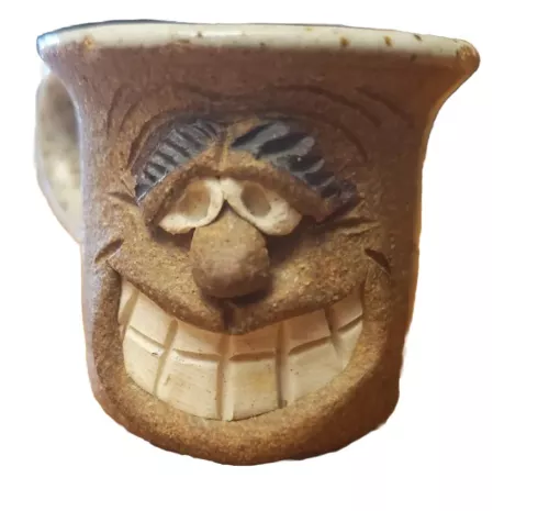 Vintage Studio Art Pottery 2 inch tall Ugly Face Mug - Signed by Artist 3D Grin