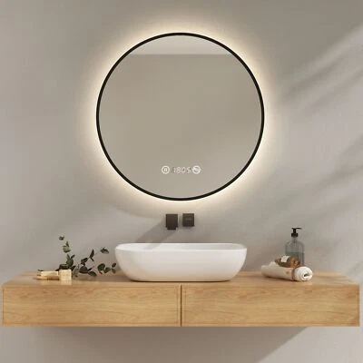 EMKE Black LED Bathroom Mirror With Backlit Lights Clock Demister Pad Round 60cm