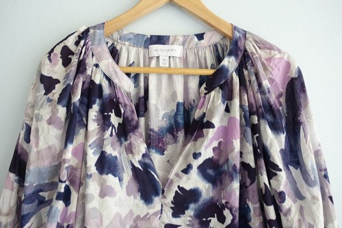 Witchery Blouse Womens 16 Purple Print V Neck Puff Sleeve Ladie Top Boho Peasant - Picture 2 of 18