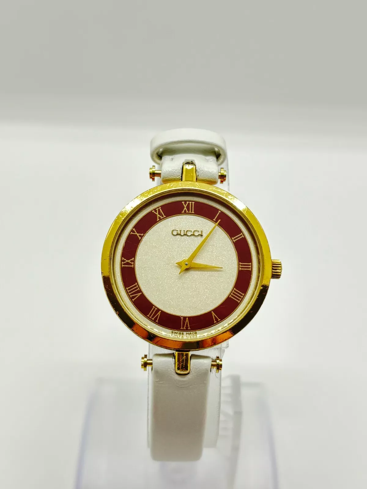 [Exc+5] Montre Homme GUCCI 2000M Cadran Blanc Rouge Quartz Occasion Fonctionne