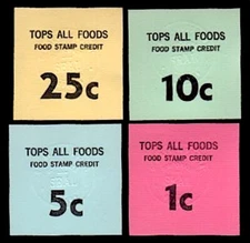 4 TOPS FOOD STAMP CREDIT SLIPS, OREGON Each With Raised Seal 2.75" Sq S+H $.74US