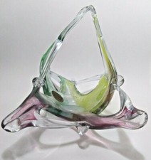 Murano Art Glass Free Form Basket Handled Dish w/ Original Sticker Label