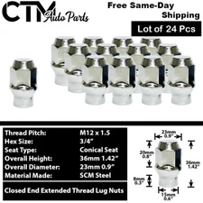 24Pc CHROME M12x1.5 EXTENDED THREAD ET STYLE LUG NUT FIT ALL CAPABLE MODELS
