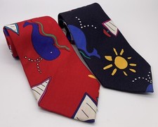 Vintage Lot of 2 GJ Cahn Cotton Ties Red Blue Whale Sailboat 80s 90s Retro