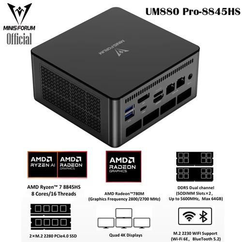 Minisforum UM880 Pro Mini PC AMD Ryzen 7 8845HS Barebone Support Oculink - Picture 1 of 11