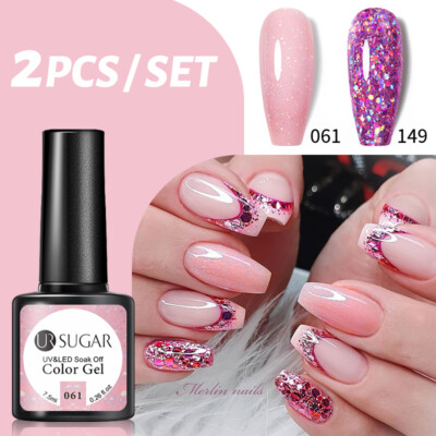 UR SUGAR 2Pcs/set Pink Purple Glitter Gel Polish Soak Off Nail Art Top Base Gel