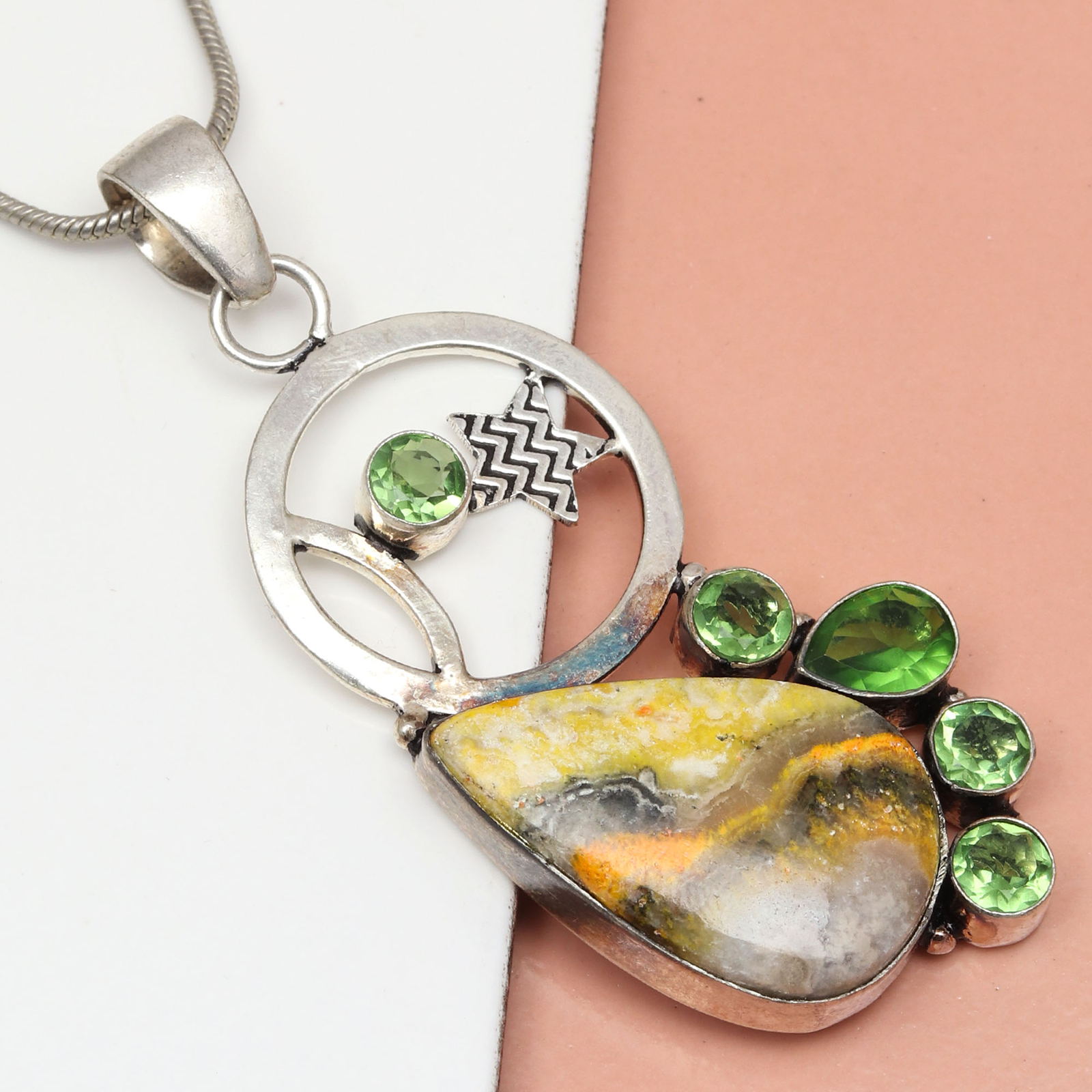 Bumble Bee Jasper Peridot Silver Pendant Necklace for Mother’s Day 2.75 Inch