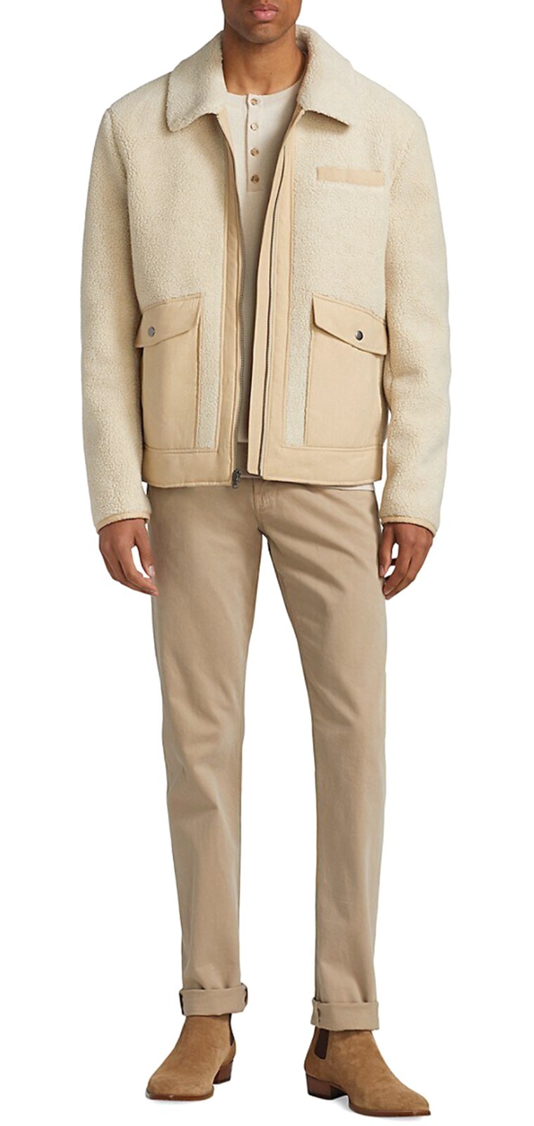 Мужская приталенная флисовая куртка-бомбер Saks Fifth Avenue бежевого цвета размер XL 32590₽