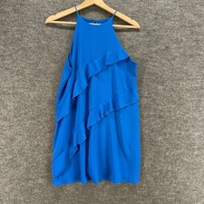 Mod Dress Women S Blue Shift Short Sleeveless Lined Hook & Eye Ruffle