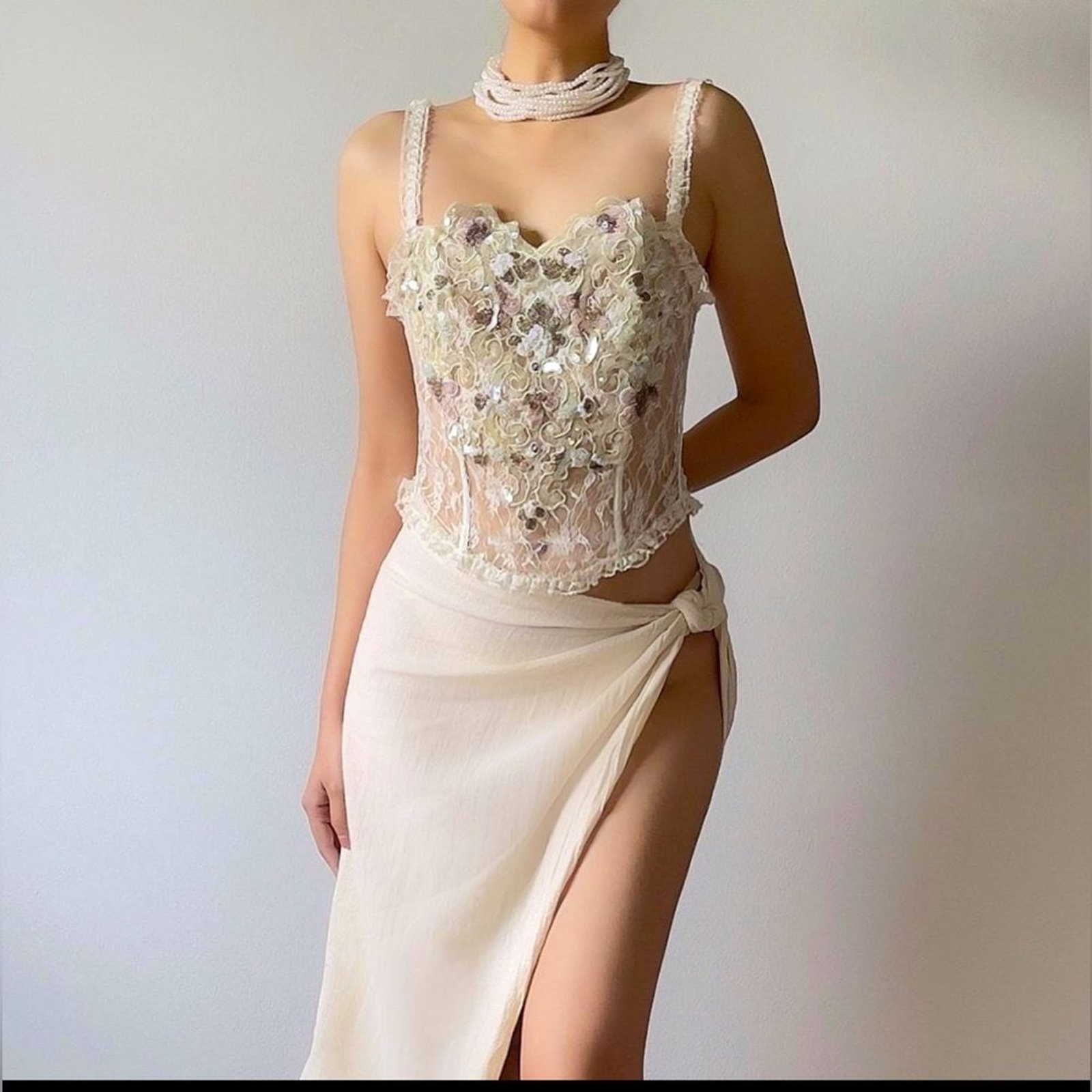 Vintage Rare Gold Label  1990s Ivory Hand-Beaded Lace Corset Bustier