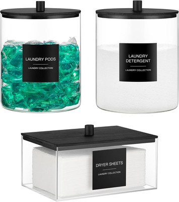 Glass Jars and Acrylic Dryer Sheet Holder, Laundry Pods Container with Bamboo Li