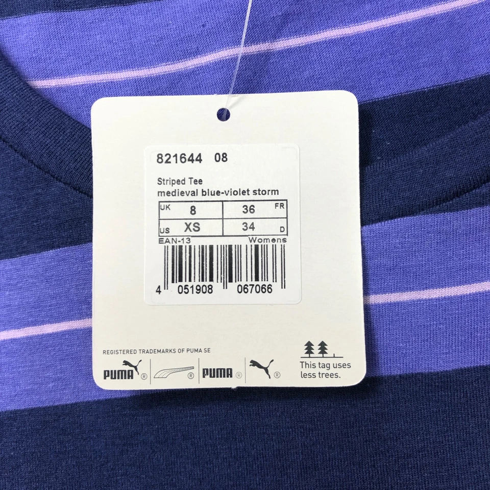 NEW Puma Women's Blue-Violet Storm Stripe Long T-Shirt UK 8 EUR 36 XS Logo - Image 4 of 4