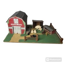 VTG Keystone Toy Farm Play Set 617 Barn Fence Chicken Coop W/ 11 Animals Wood