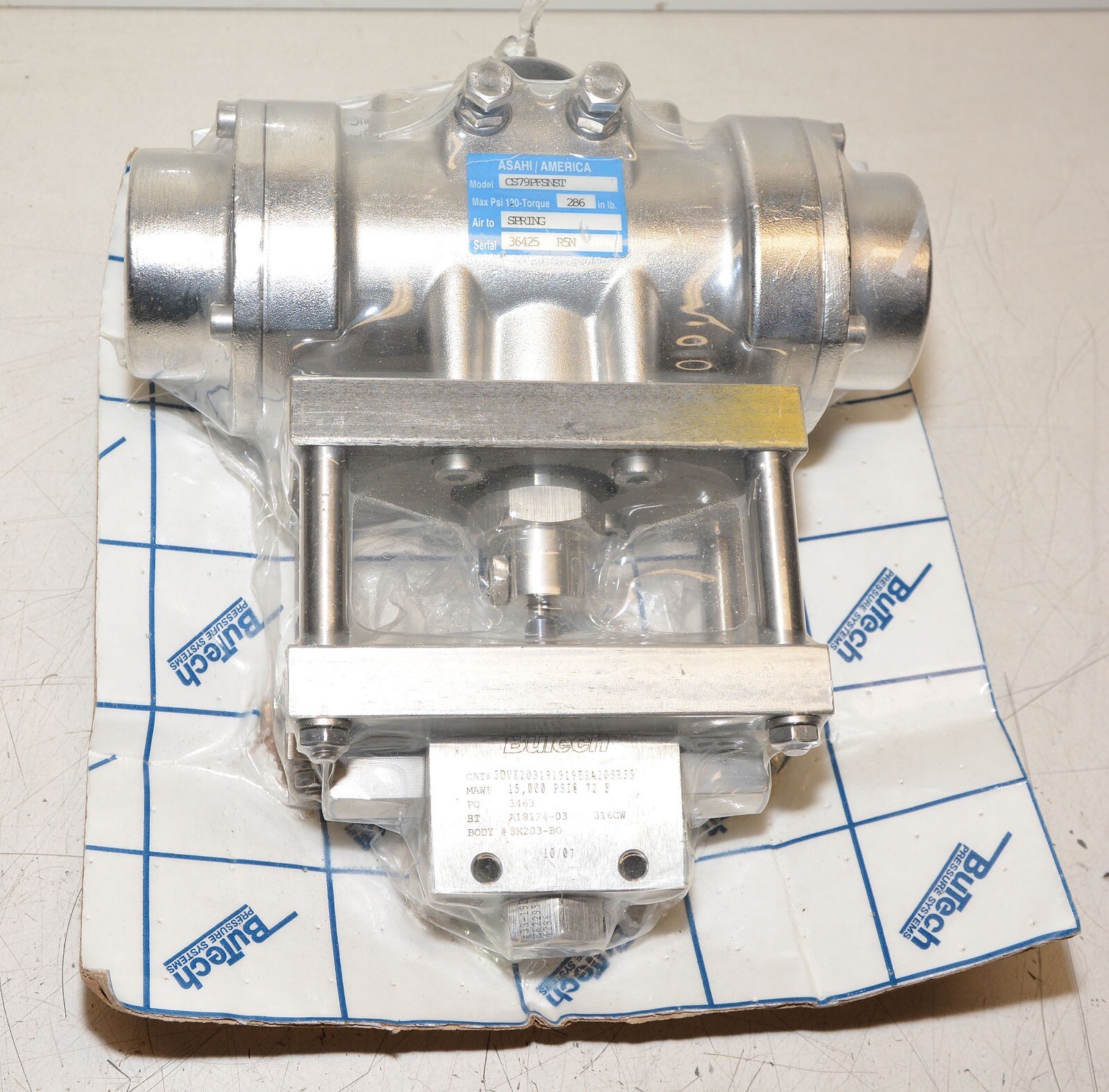 Butech 3 Way Actuated Valve Asahi CS79PFSNST Air to Spring Actuator 15K PSI