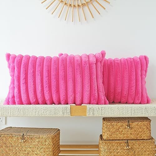 Pack of 2 Faux Fur Plush Decorative Throw Pillow Covers 12 x 20-Inch Hot Pink - Picture 1 of 6