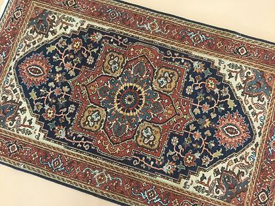 3 X 5 Navy Blue Rust Sarape Oriental Area Rug Geometric Hand Knotted