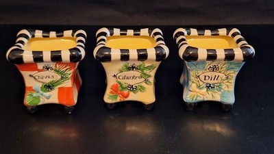 Set of 3 Alicia Tormey Designs Ceramic Herb Footed Planters Chives Cilantro Dill