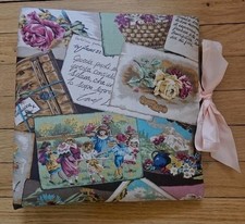 Vtg Fabric Covered Victorian Post Card Print Photo Album Scrap Book Moire Silk