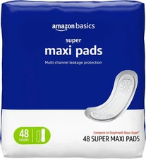 Amazon Basics Maxi Pads For Periods-Thick, Super Absorbency, Unscented, 48 Count