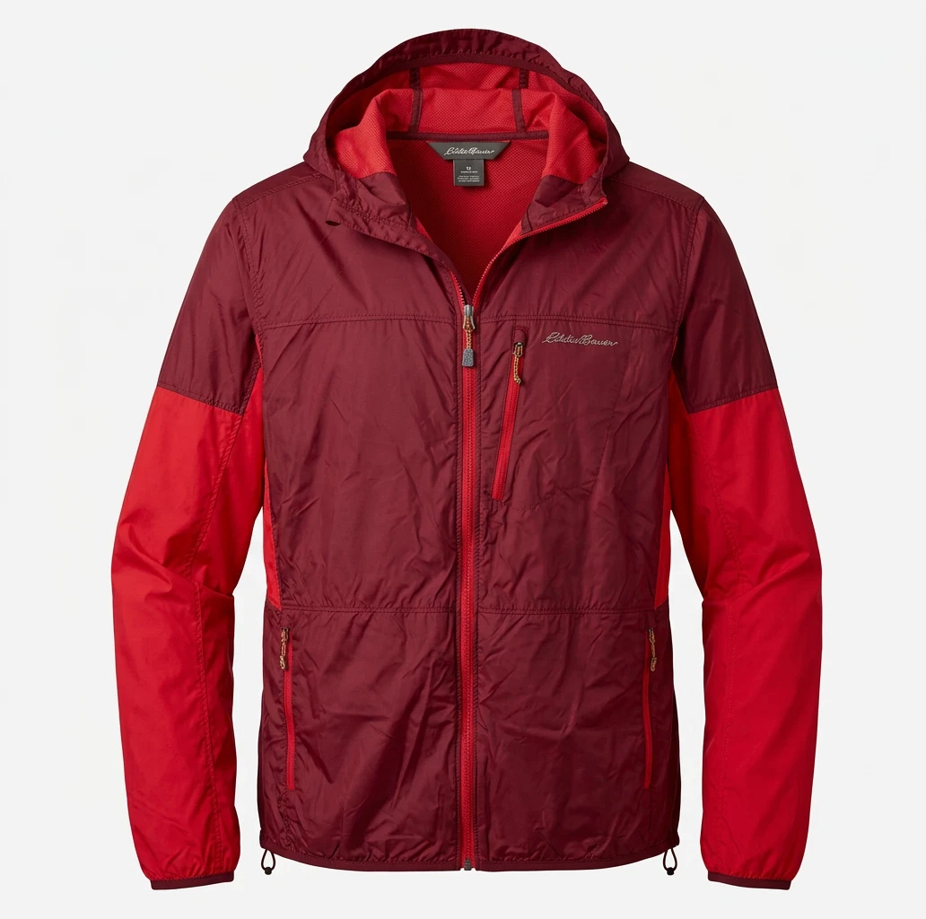 Eddie Bauer Lightweight Nylon Jacket Mens Large Hiking Running Hooded Rain Red