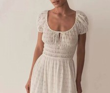 Women Doen Tie Neck Embroidered Puff Sleeve A-line Midi Dress